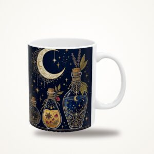 Potion Bottle Mug, Witchy Apothecary Navy and Gold Coffee Cup