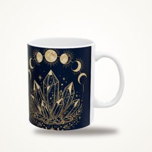 Crystal Mug, Moon Phases Witchy Navy and Gold Coffee Cup