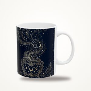 Cauldron Mug, Witchy Stars and Moons Navy and Gold Coffee Cup