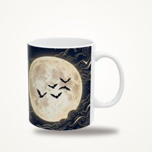 Bat Mug, Full Moon Witchy Navy and Gold Coffee Cup