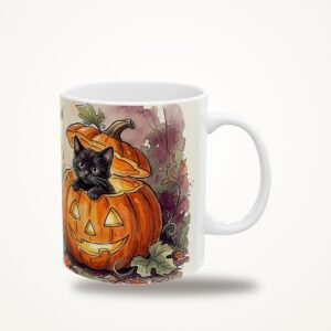 Black Cat Mug, Jack-o-Lantern Kitten Halloween Coffee Cup