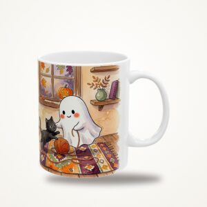 Cute Ghost Mug, Black Kitten Friend Watercolor Halloween Coffee Cup