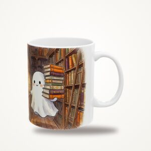Cute Ghost Mug, Haunted Library Watercolor Halloween Coffee Cup