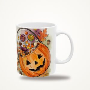Halloween Candy Mug, Trick or Treat Pail Watercolor Coffee Cup