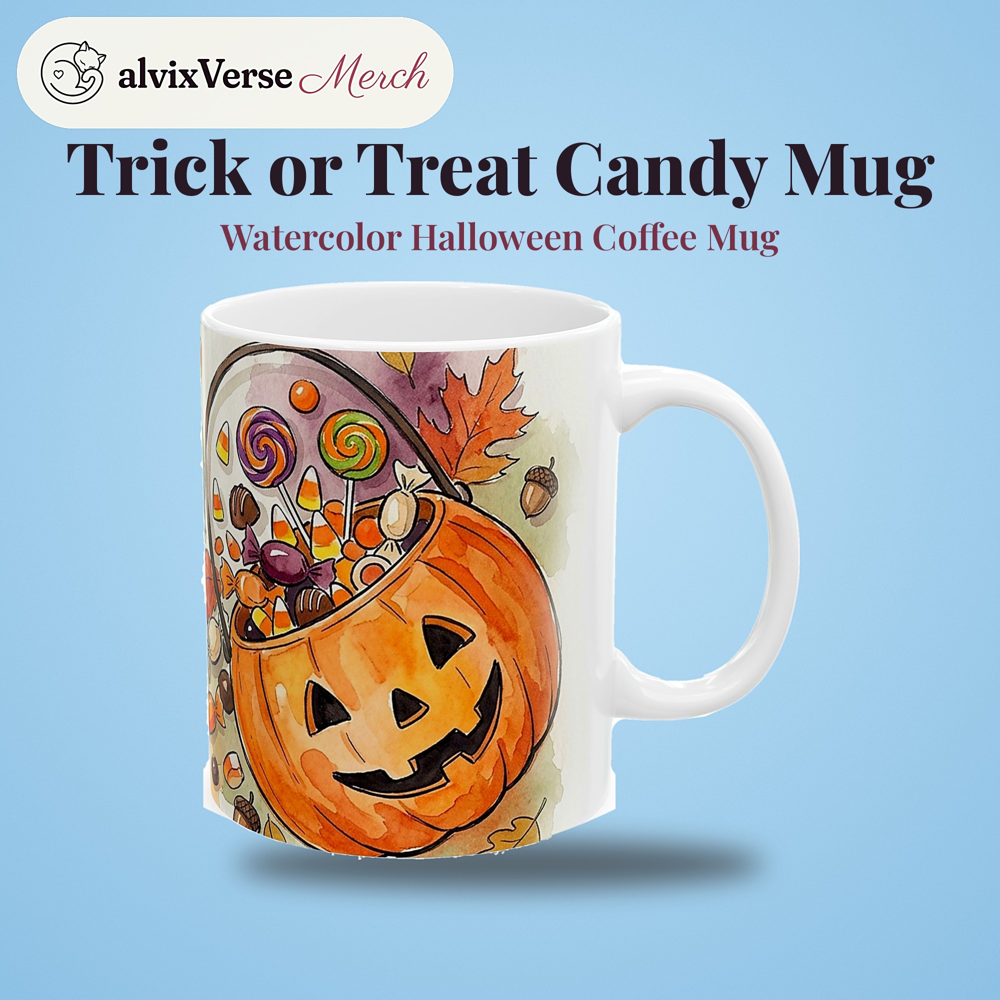 Halloween Candy Mug, Trick or Treat Pail Watercolor Coffee Cup - Image 2