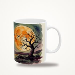 Halloween Mug, Harvest Moon Bats Watercolor Coffee Cup