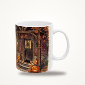 Halloween Mug, Witch Cottage Porch Watercolor Coffee Cup