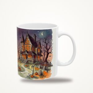 Haunted House Mug, Dusk Watercolor Halloween Coffee Cup