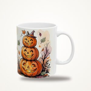 Jack-o-Lantern Mug, Pumpkin Stack Watercolor Halloween Coffee Cup