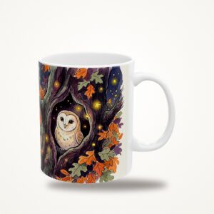 Owl Mug, Hollow Tree Night Watercolor Halloween Coffee Cup