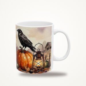 Raven Mug, Pumpkin and Lantern Halloween Coffee Cup