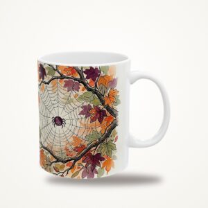 Spider Web Mug, Autumn Leaves Watercolor Halloween Coffee Cup