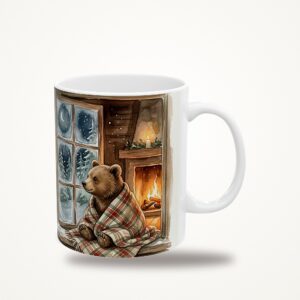 Bear Cub Christmas Mug, Cabin Window Watercolor Winter Coffee Cup
