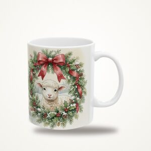 Lamb Christmas Mug, Wreath Watercolor Winter Coffee Cup