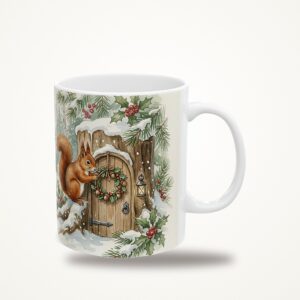 Squirrel Christmas Mug, Acorn Wreath Watercolor Winter Coffee Cup