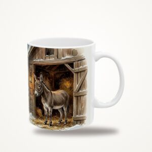 Donkey Christmas Mug, Starlit Stable Watercolor Winter Coffee Cup