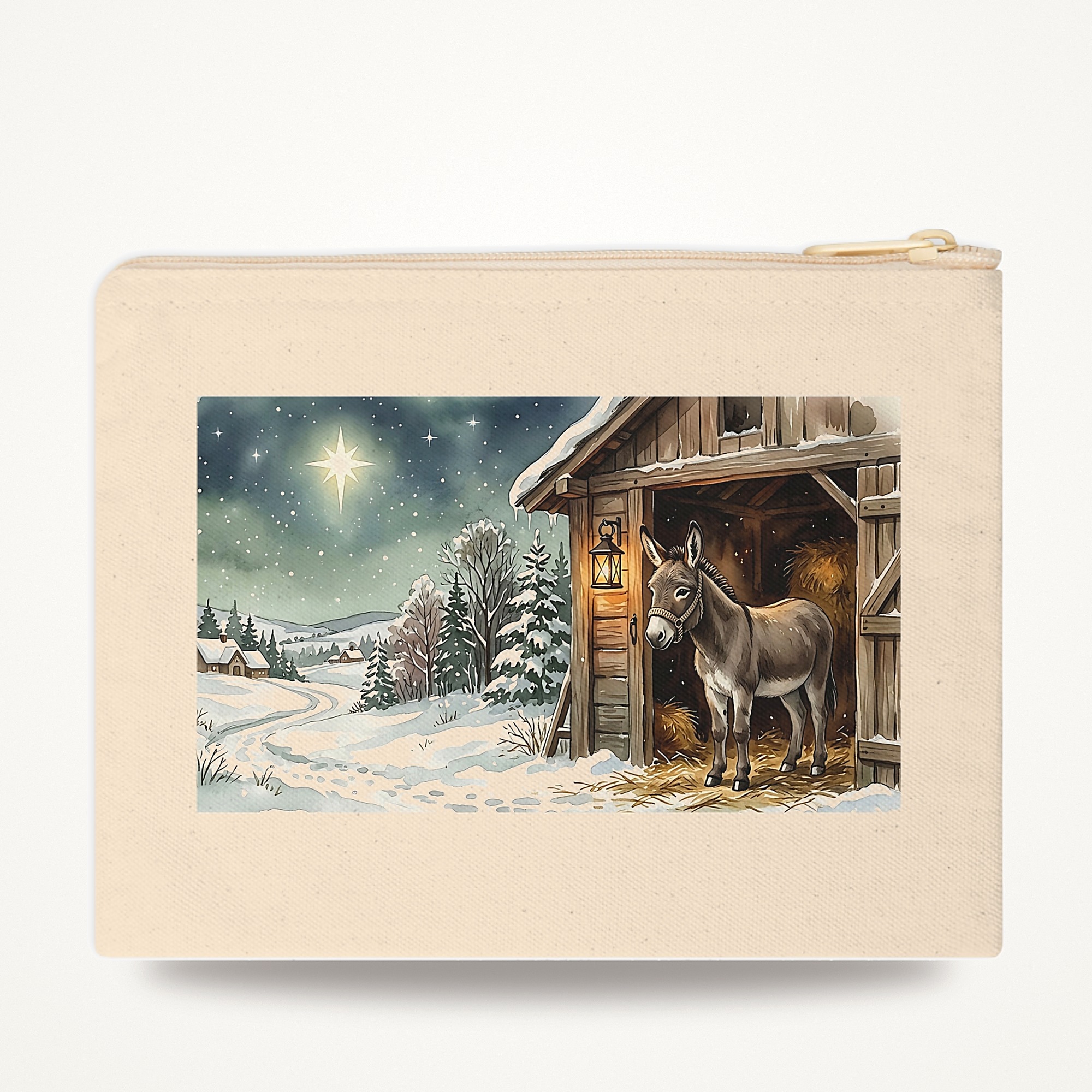 Donkey Christmas Zipper Pouch, Starlit Stable Watercolor Winter Makeup Bag