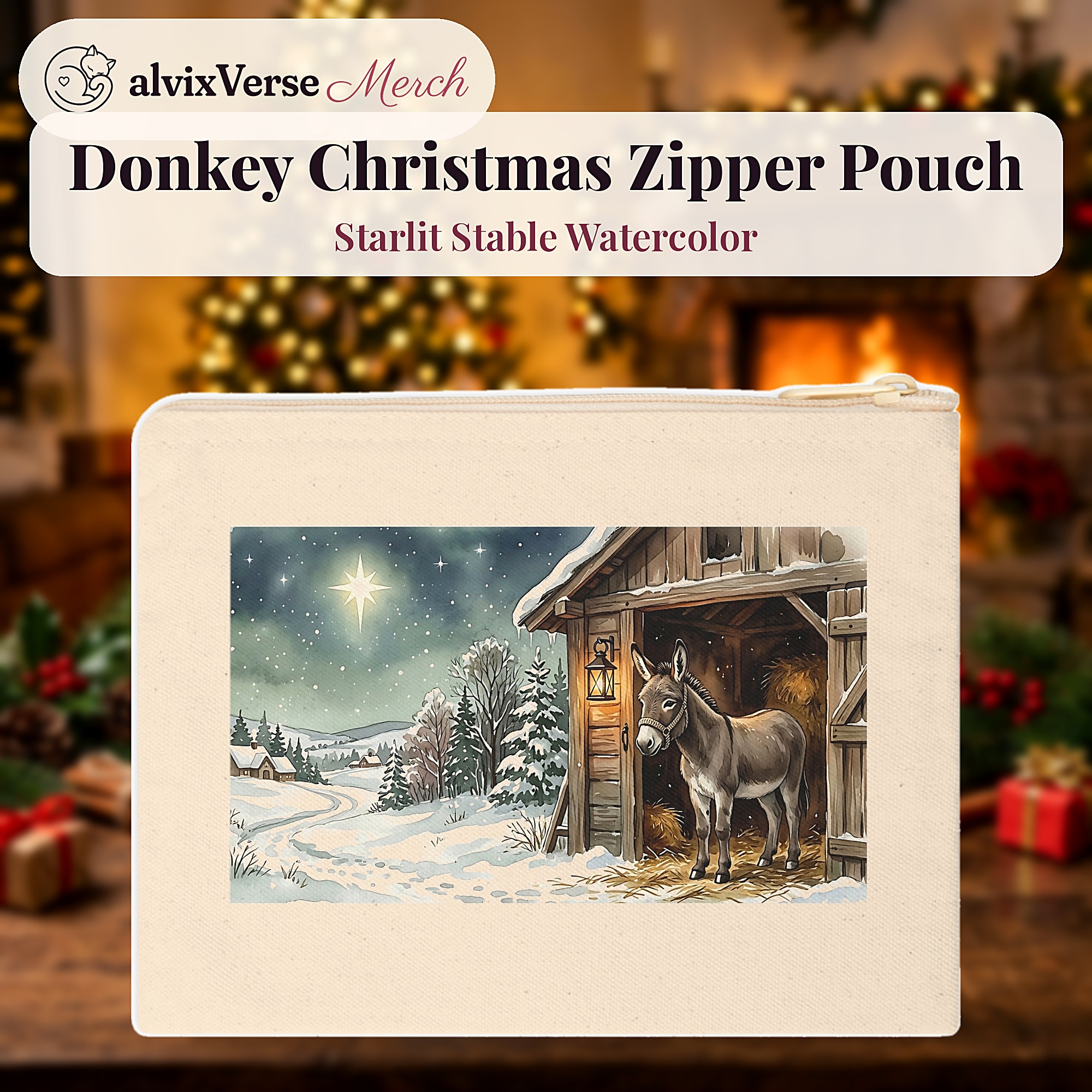 Donkey Christmas Zipper Pouch, Starlit Stable Watercolor Winter Makeup Bag - Image 2