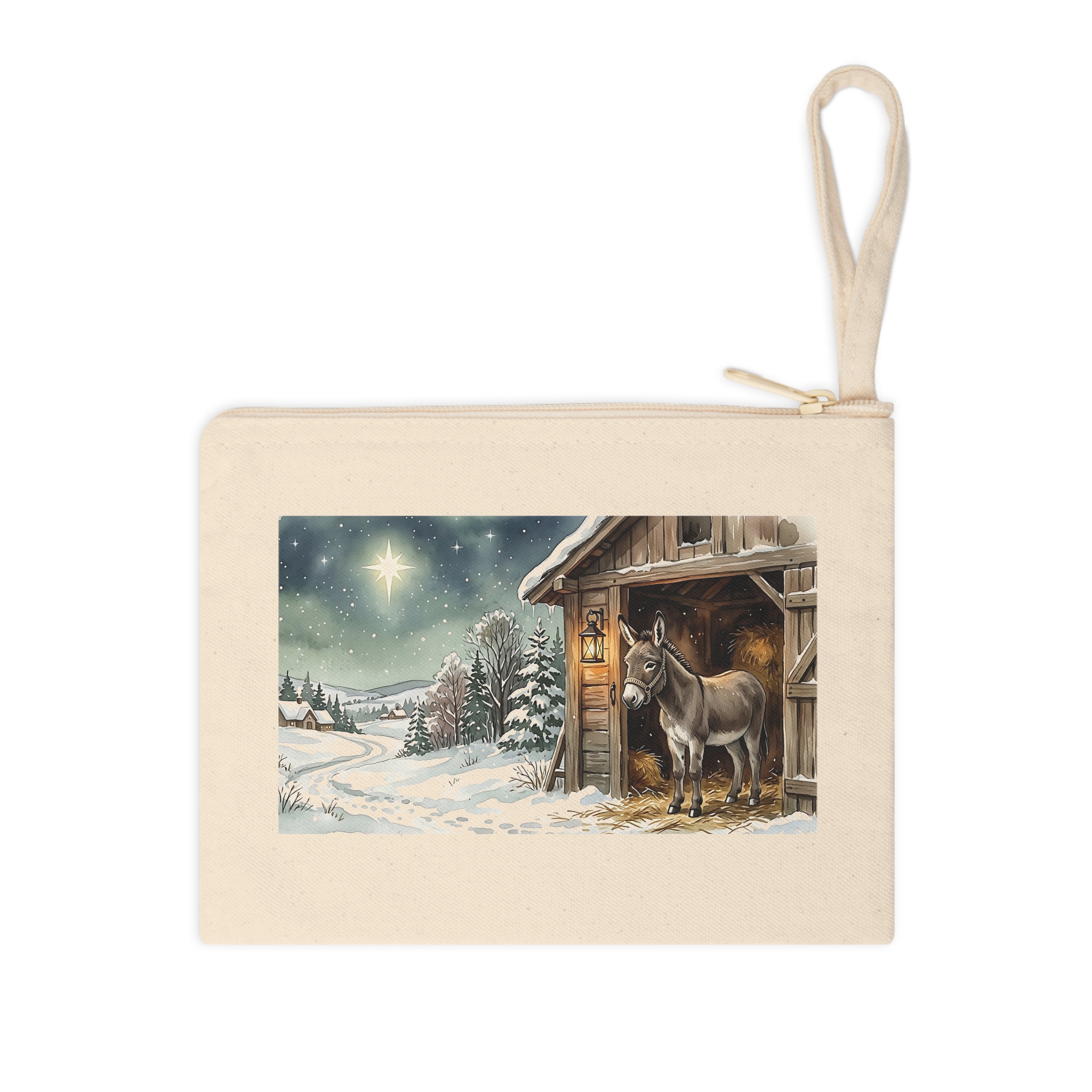 Donkey Christmas Zipper Pouch, Starlit Stable Watercolor Winter Makeup Bag - Image 3
