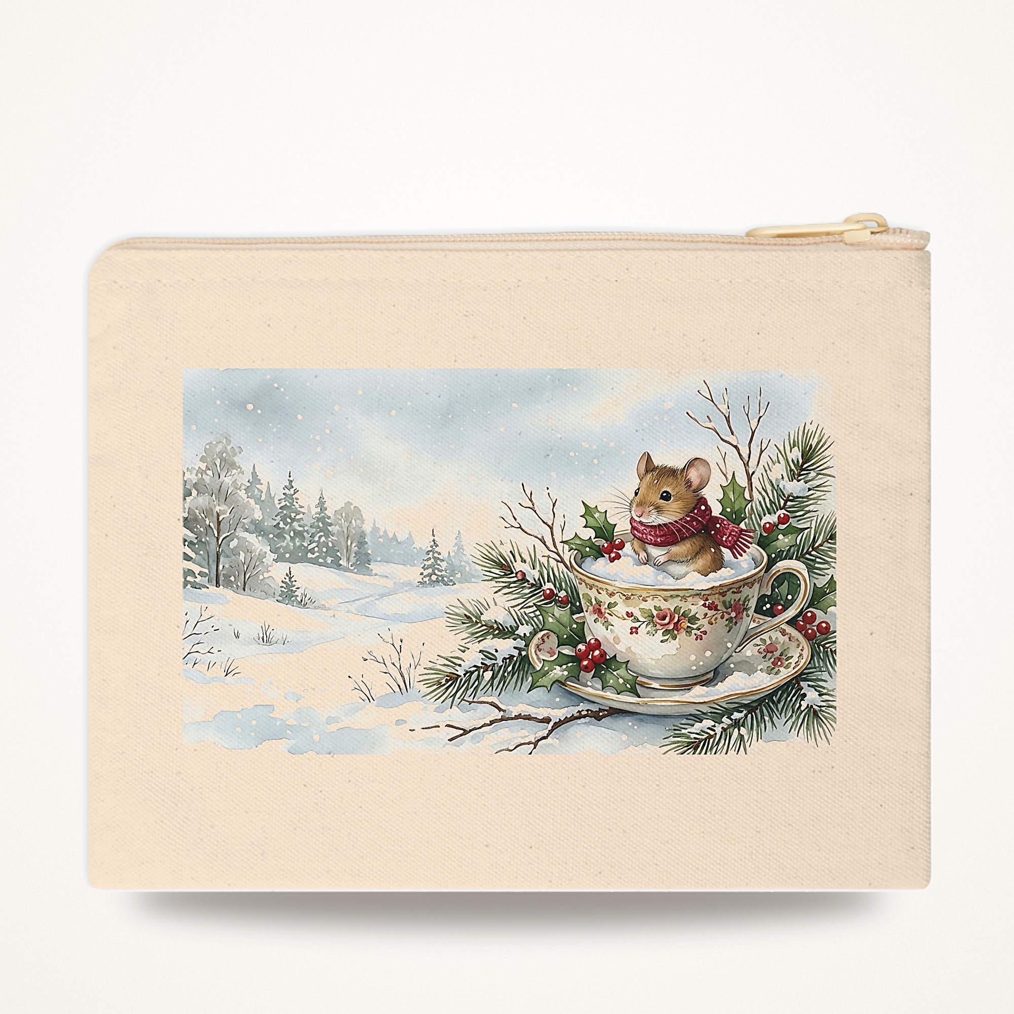 Mouse Christmas Zipper Pouch, Teacup Watercolor Winter Makeup Bag