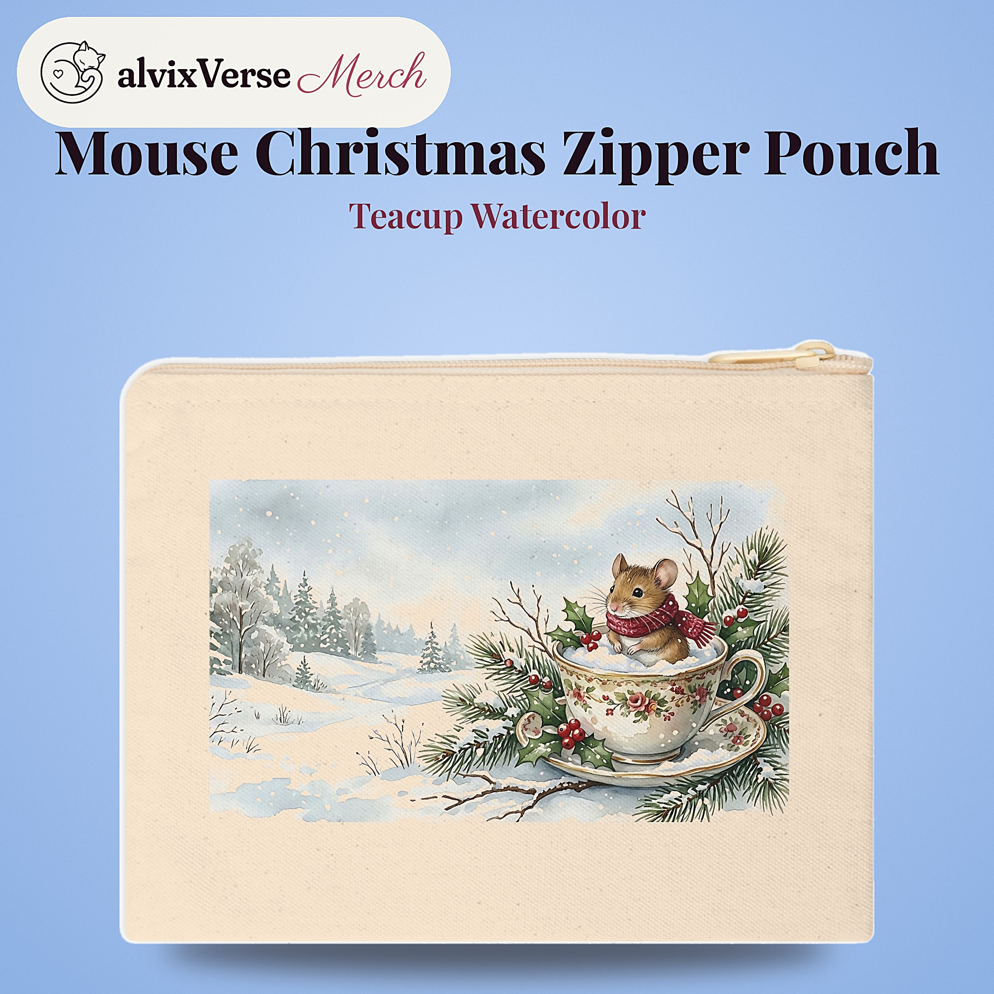 Mouse Christmas Zipper Pouch, Teacup Watercolor Winter Makeup Bag - Image 2