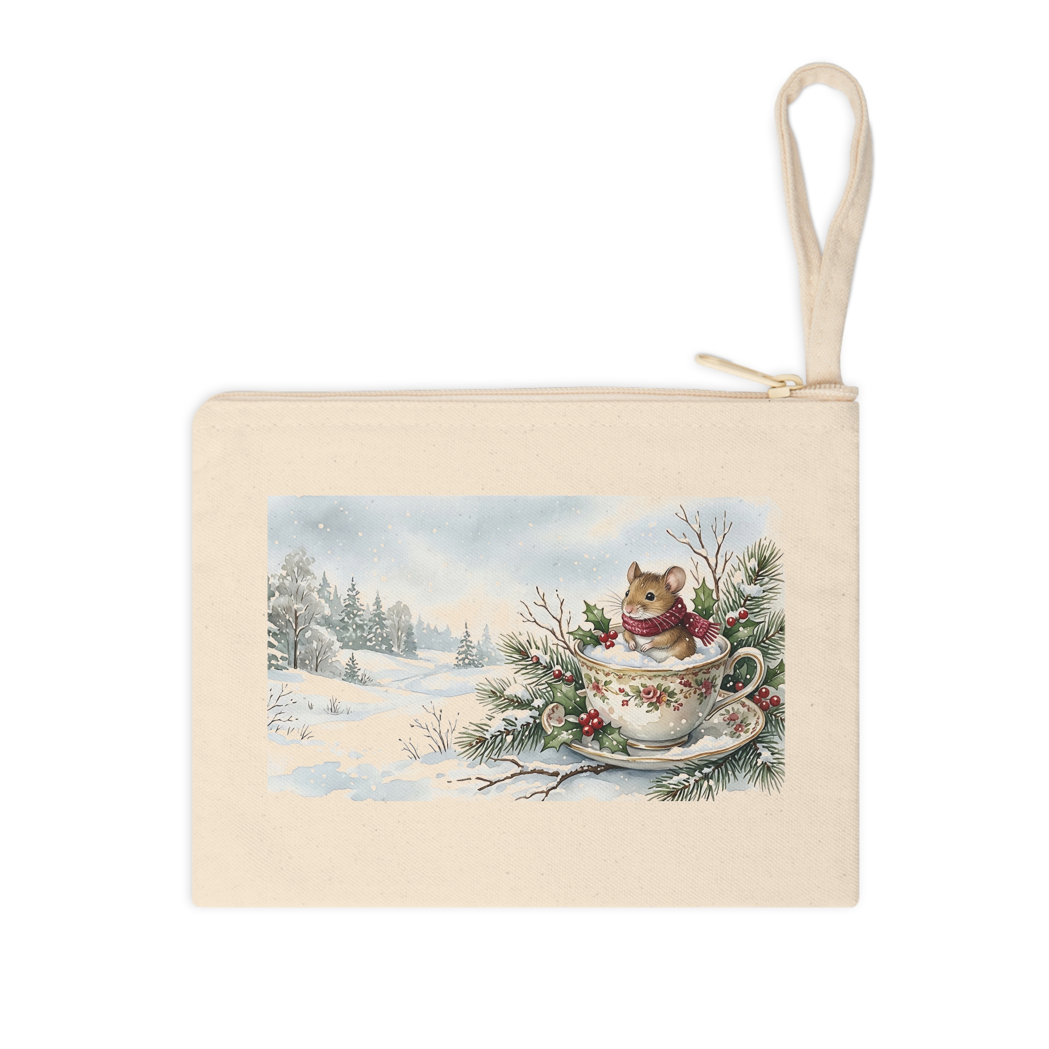 Mouse Christmas Zipper Pouch, Teacup Watercolor Winter Makeup Bag - Image 3
