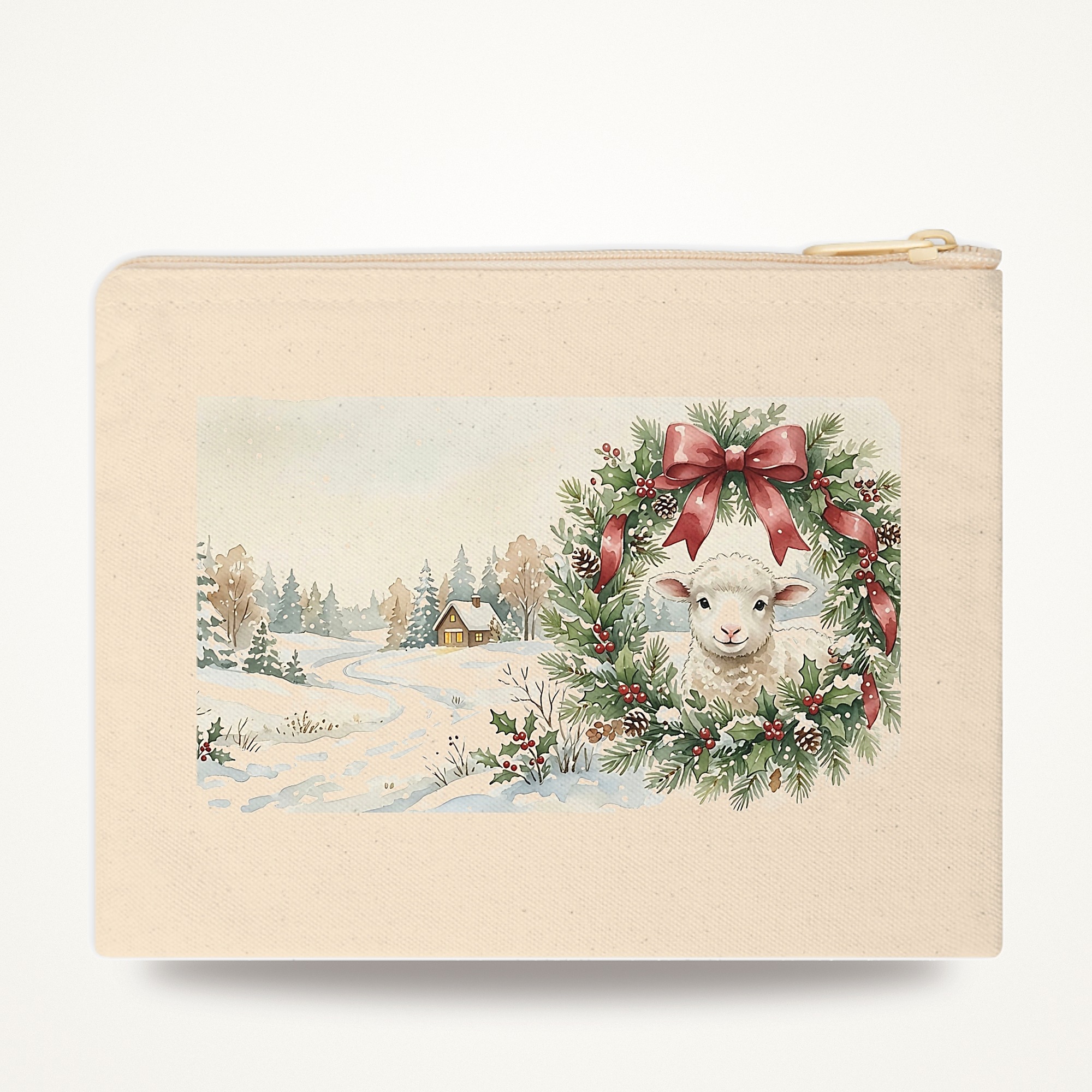 Lamb Christmas Zipper Pouch, Wreath Watercolor Winter Makeup Bag