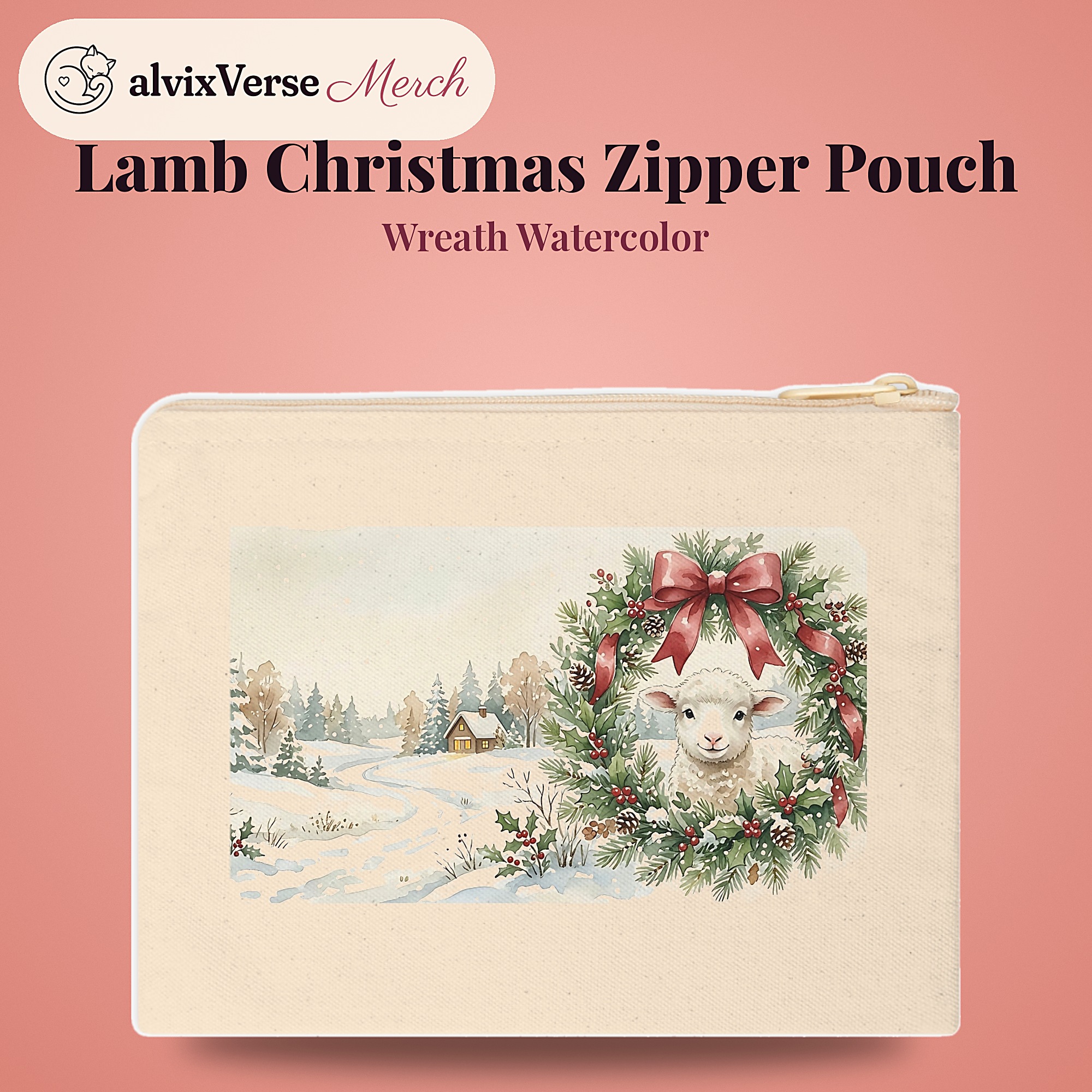 Lamb Christmas Zipper Pouch, Wreath Watercolor Winter Makeup Bag - Image 2