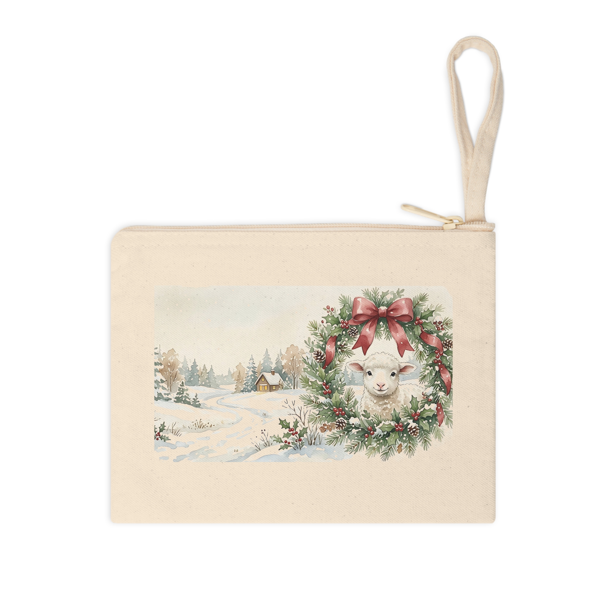 Lamb Christmas Zipper Pouch, Wreath Watercolor Winter Makeup Bag - Image 3