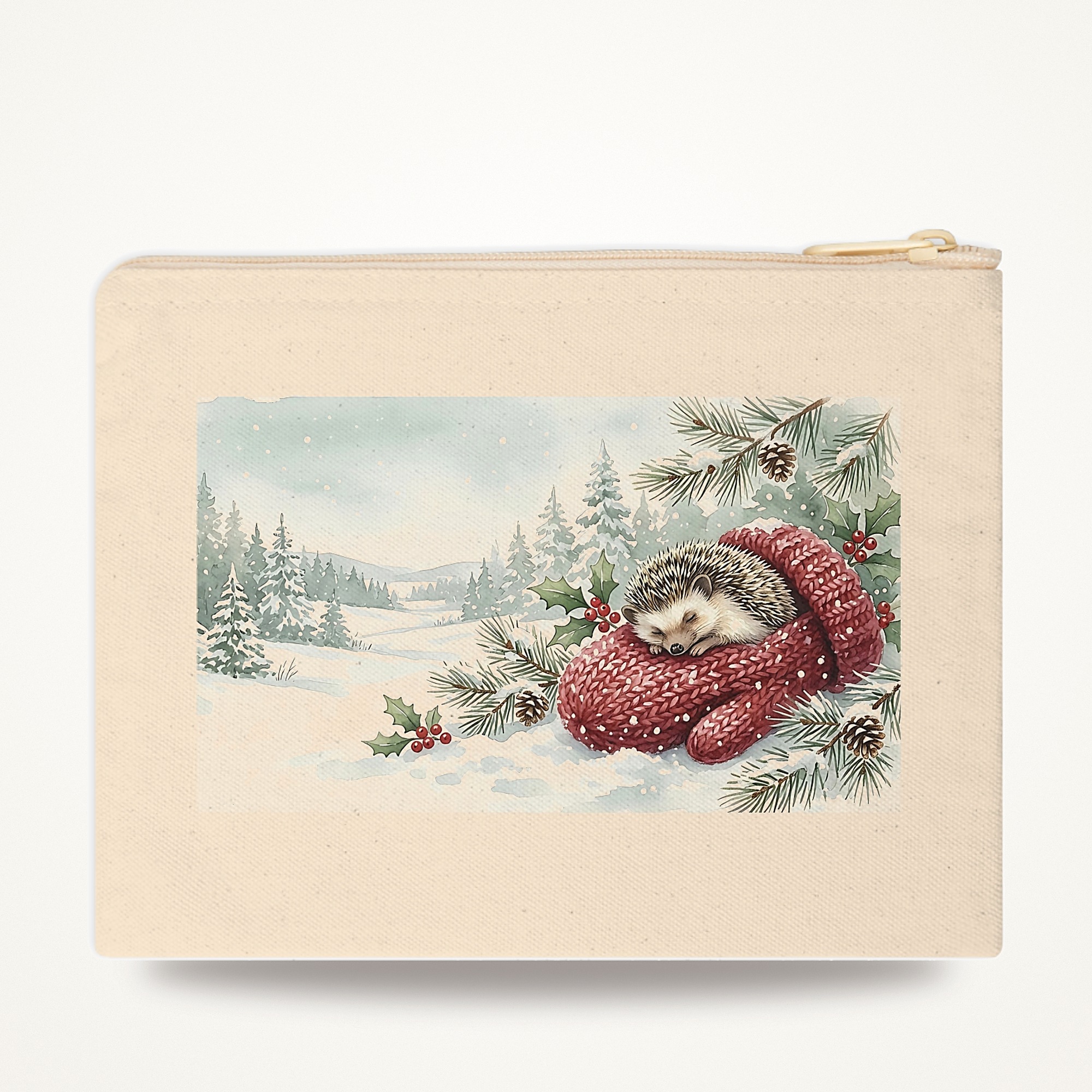 Hedgehog Christmas Zipper Pouch, Mitten Watercolor Winter Makeup Bag