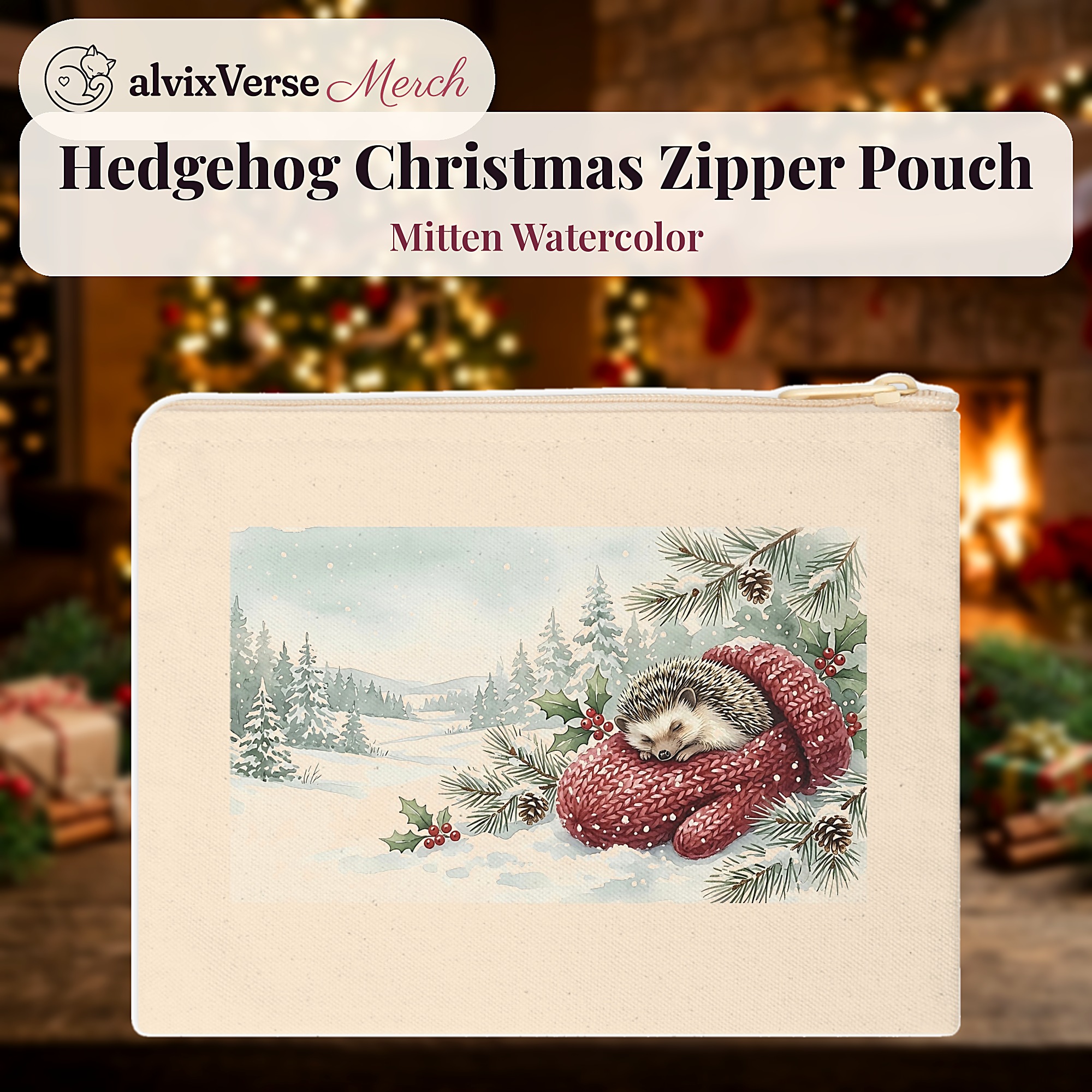 Hedgehog Christmas Zipper Pouch, Mitten Watercolor Winter Makeup Bag - Image 2