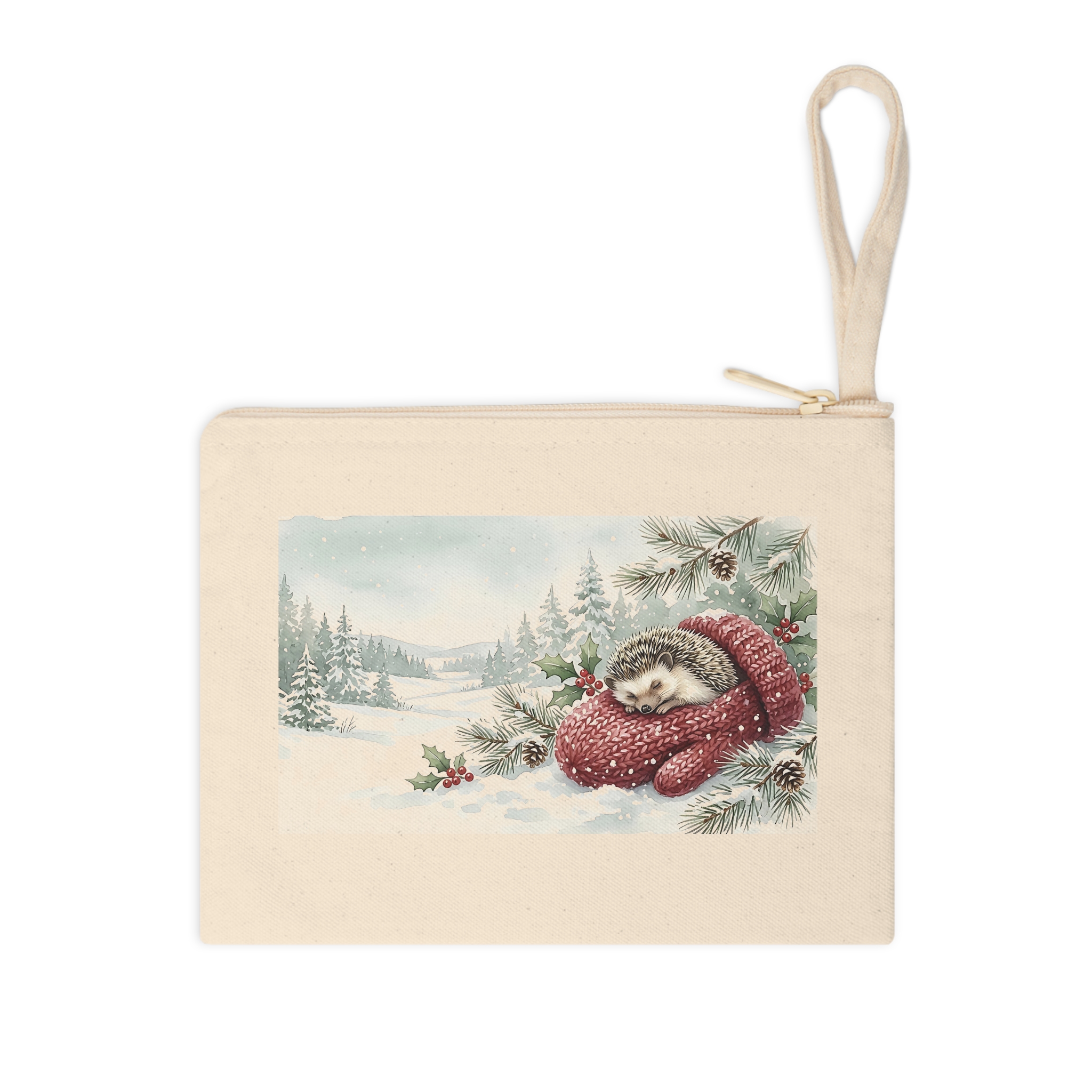 Hedgehog Christmas Zipper Pouch, Mitten Watercolor Winter Makeup Bag - Image 3