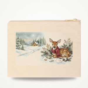 Fawn Christmas Zipper Pouch, Hot Cocoa Watercolor Winter Makeup Bag