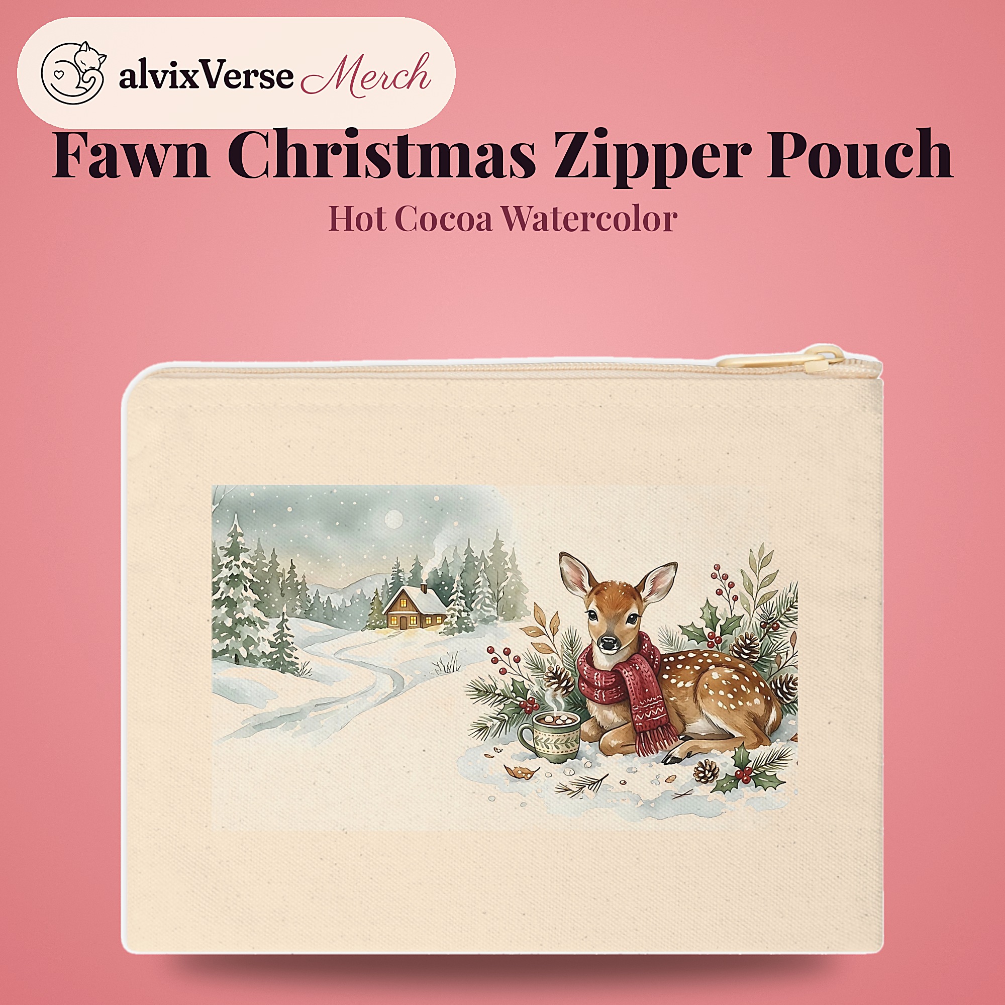 Fawn Christmas Zipper Pouch, Hot Cocoa Watercolor Winter Makeup Bag - Image 2