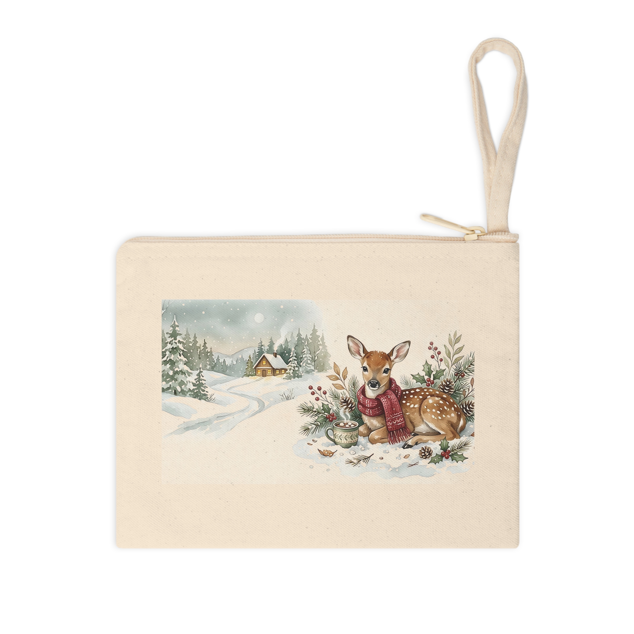 Fawn Christmas Zipper Pouch, Hot Cocoa Watercolor Winter Makeup Bag - Image 3