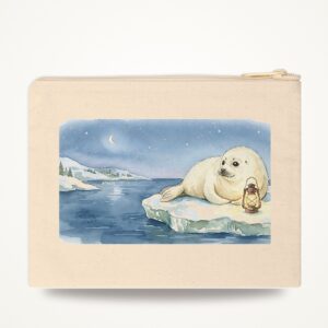 Harp Seal Christmas Zipper Pouch, Twilight Ice Watercolor Winter Makeup Bag