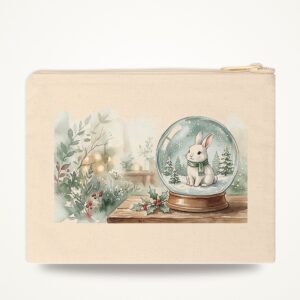 Bunny Christmas Zipper Pouch, Snow Globe Watercolor Winter Makeup Bag