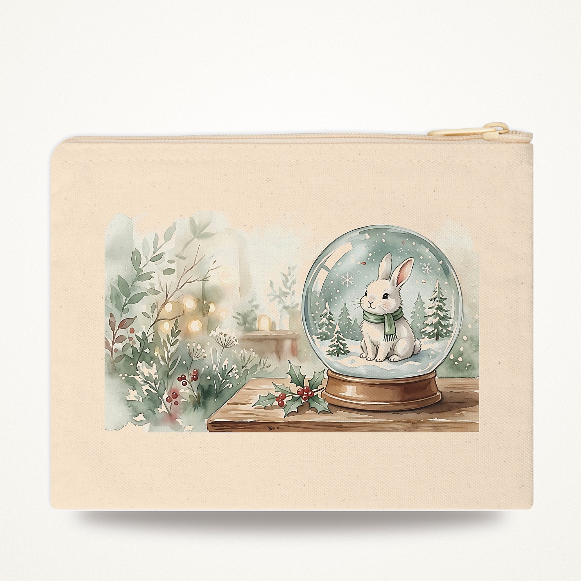Bunny Christmas Zipper Pouch, Snow Globe Watercolor Winter Makeup Bag