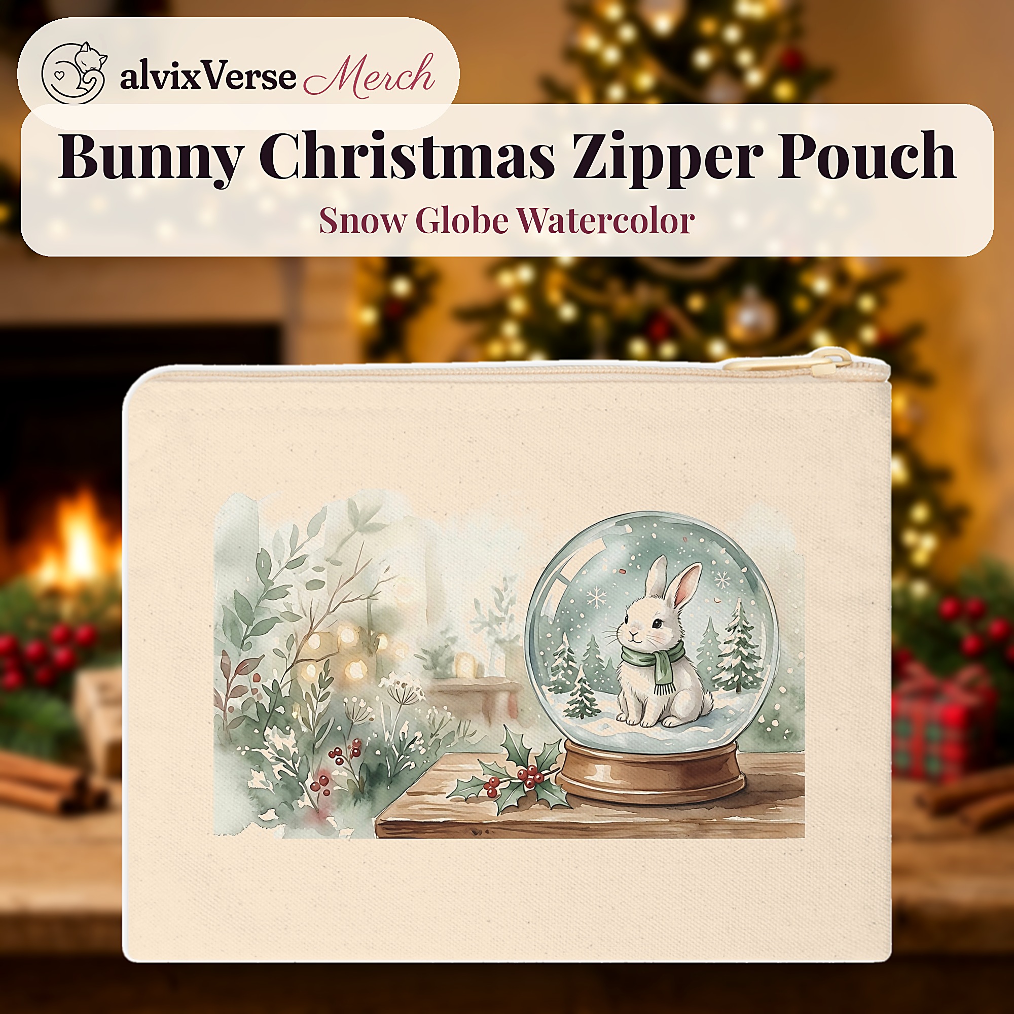 Bunny Christmas Zipper Pouch, Snow Globe Watercolor Winter Makeup Bag - Image 2
