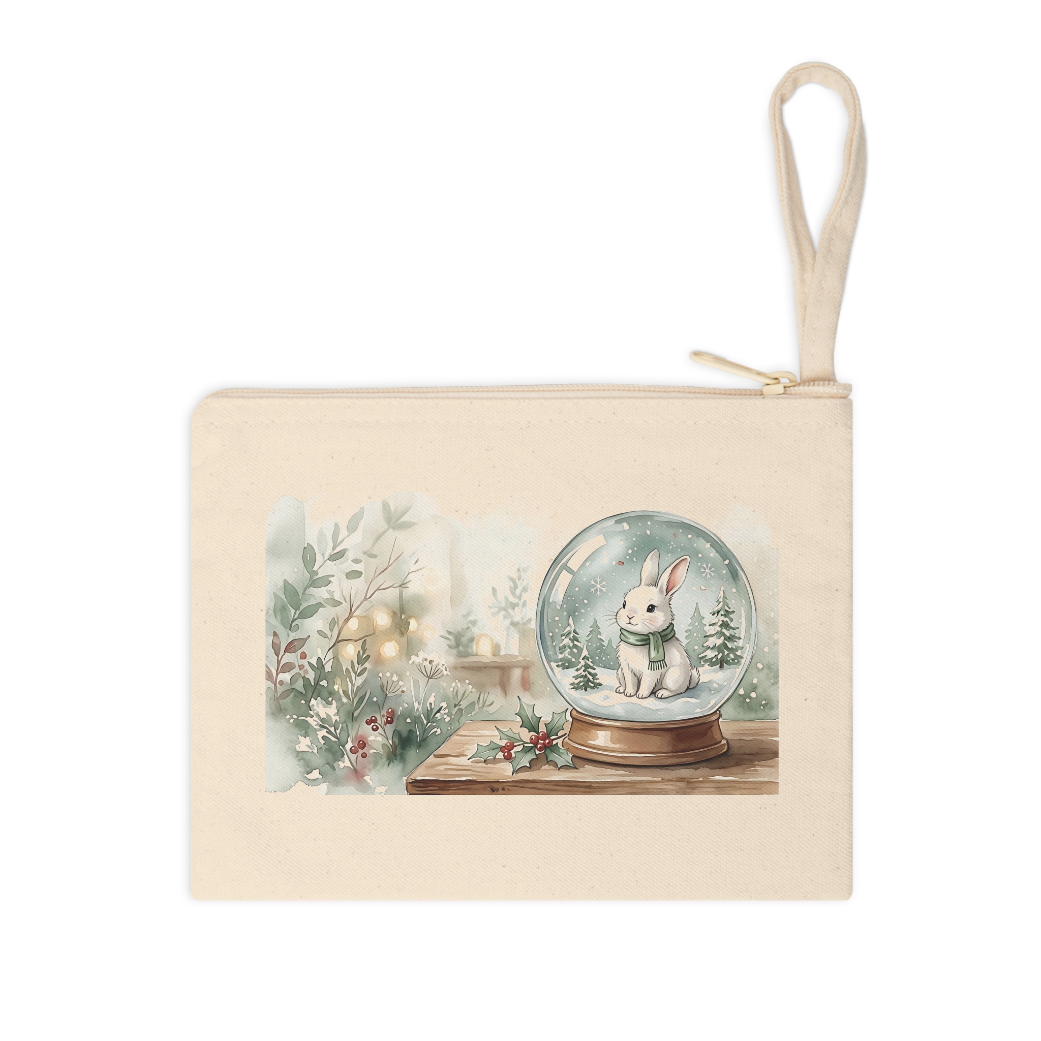Bunny Christmas Zipper Pouch, Snow Globe Watercolor Winter Makeup Bag - Image 3