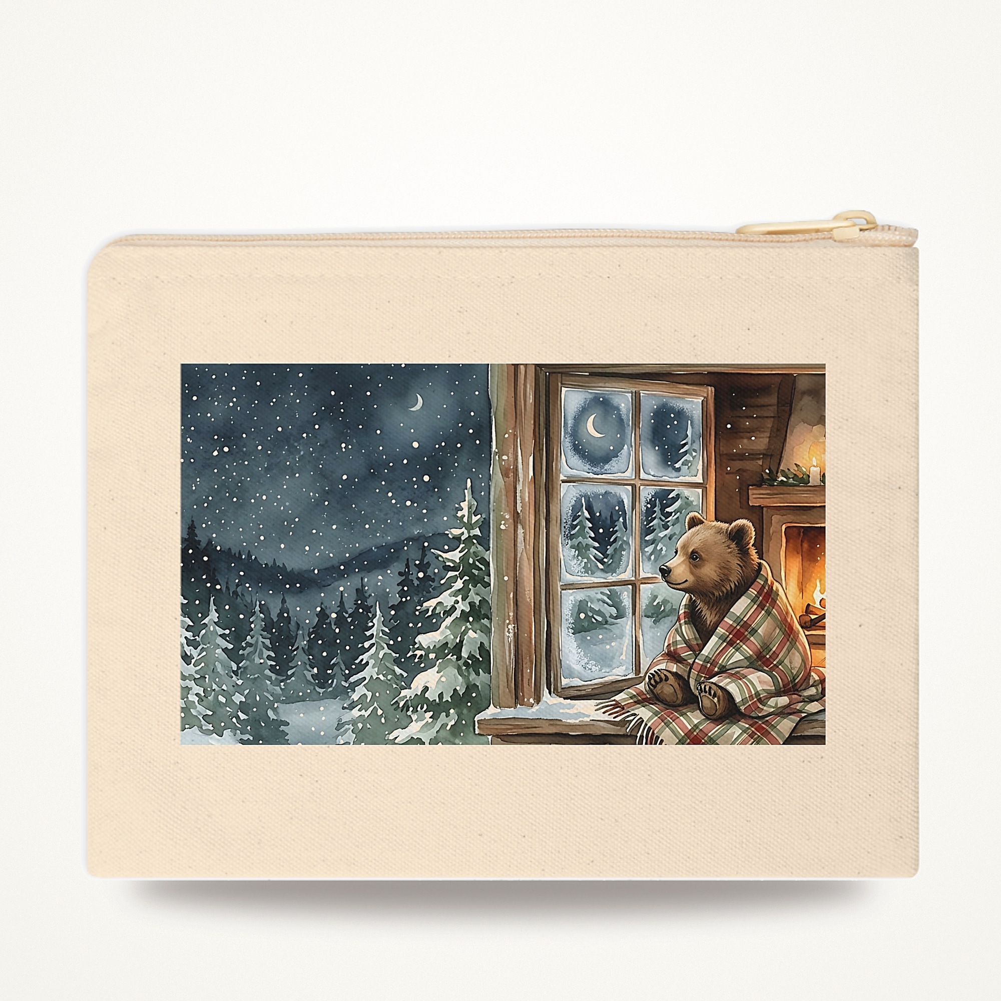 Bear Cub Christmas Zipper Pouch, Cabin Window Watercolor Winter Makeup Bag