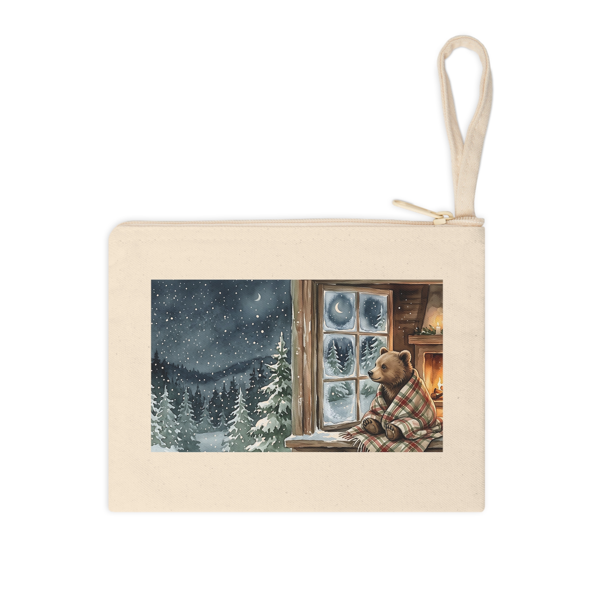 Bear Cub Christmas Zipper Pouch, Cabin Window Watercolor Winter Makeup Bag - Image 3
