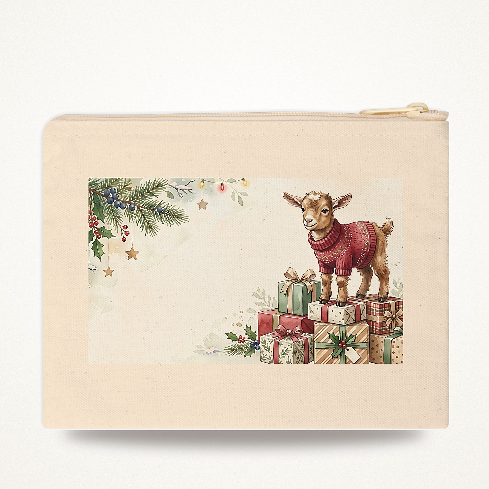 Baby Goat Christmas Zipper Pouch, Gift Stack Watercolor Winter Makeup Bag