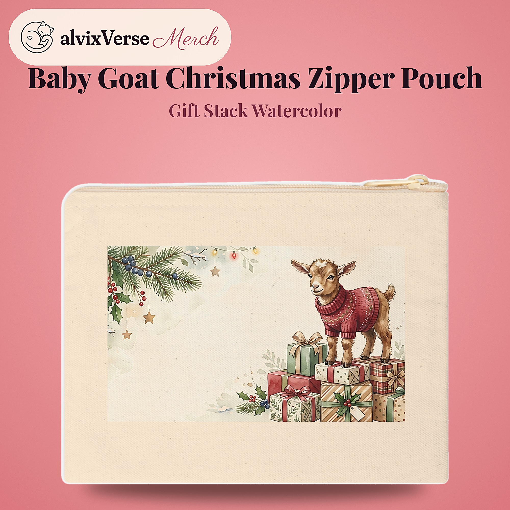 Baby Goat Christmas Zipper Pouch, Gift Stack Watercolor Winter Makeup Bag - Image 2