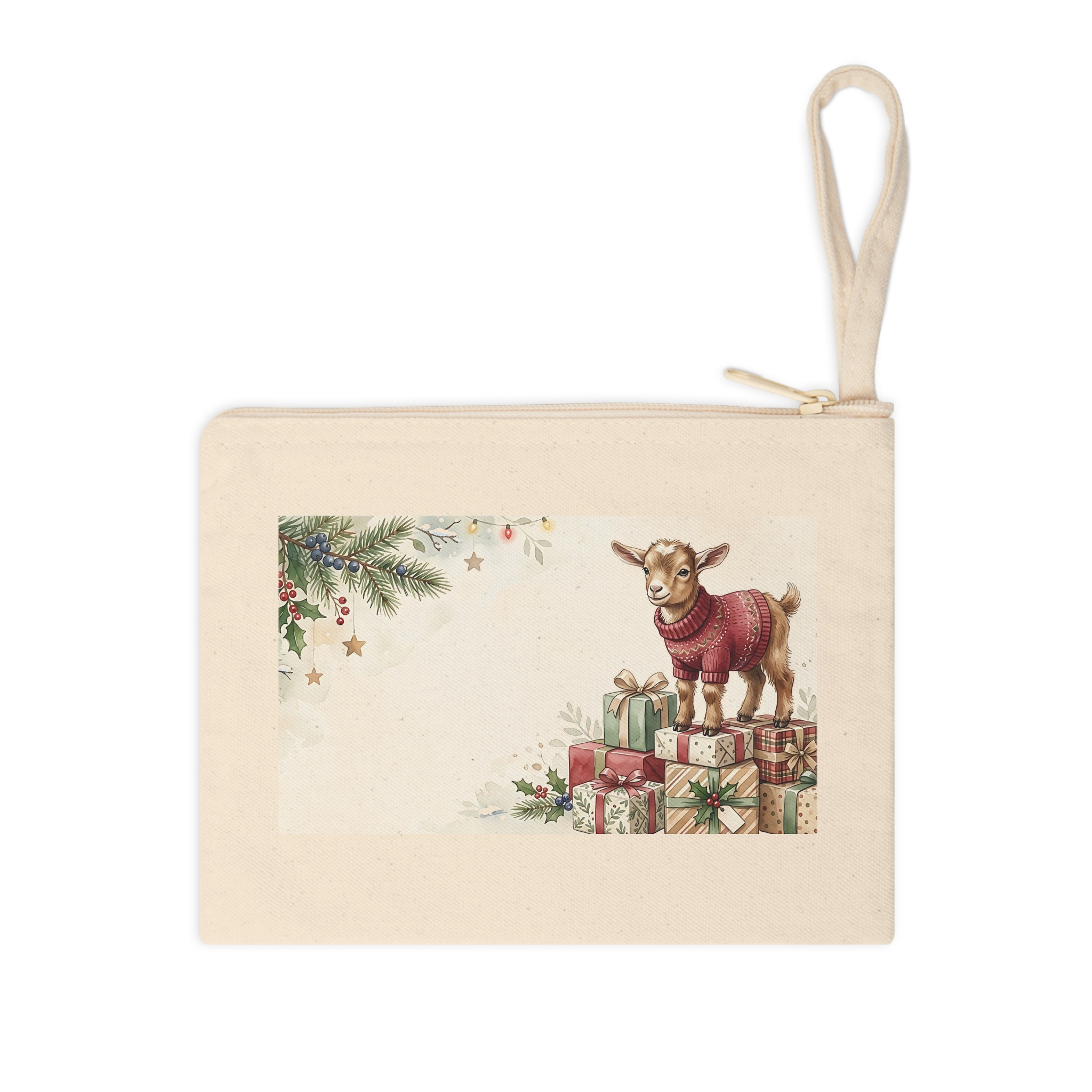 Baby Goat Christmas Zipper Pouch, Gift Stack Watercolor Winter Makeup Bag - Image 3