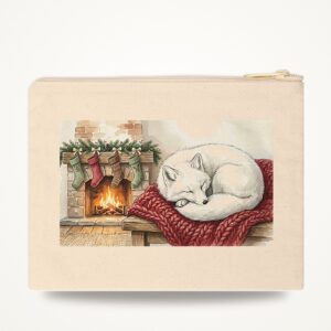 Arctic Fox Christmas Zipper Pouch, Fireside Nap Watercolor Winter Makeup Bag