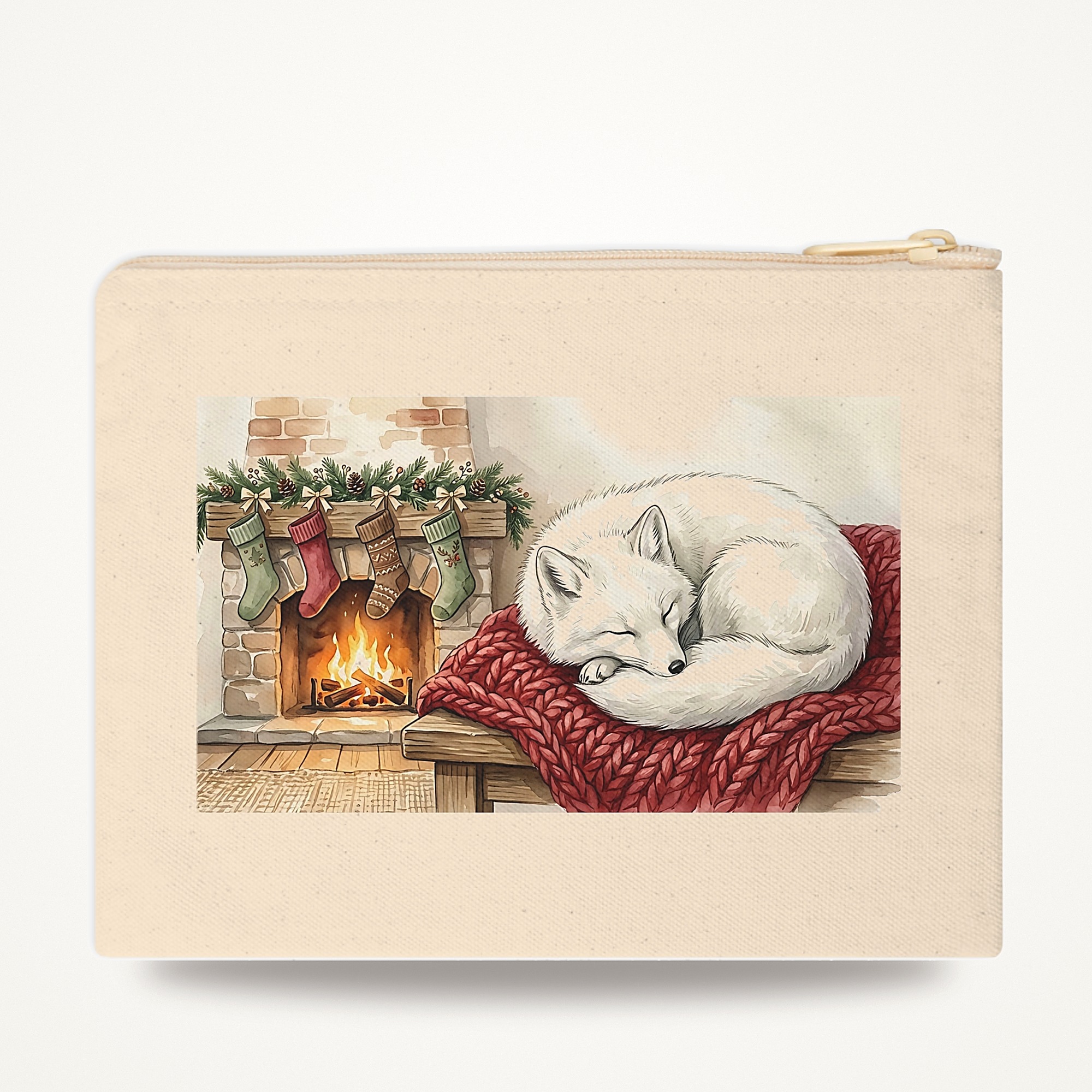 Arctic Fox Christmas Zipper Pouch, Fireside Nap Watercolor Winter Makeup Bag