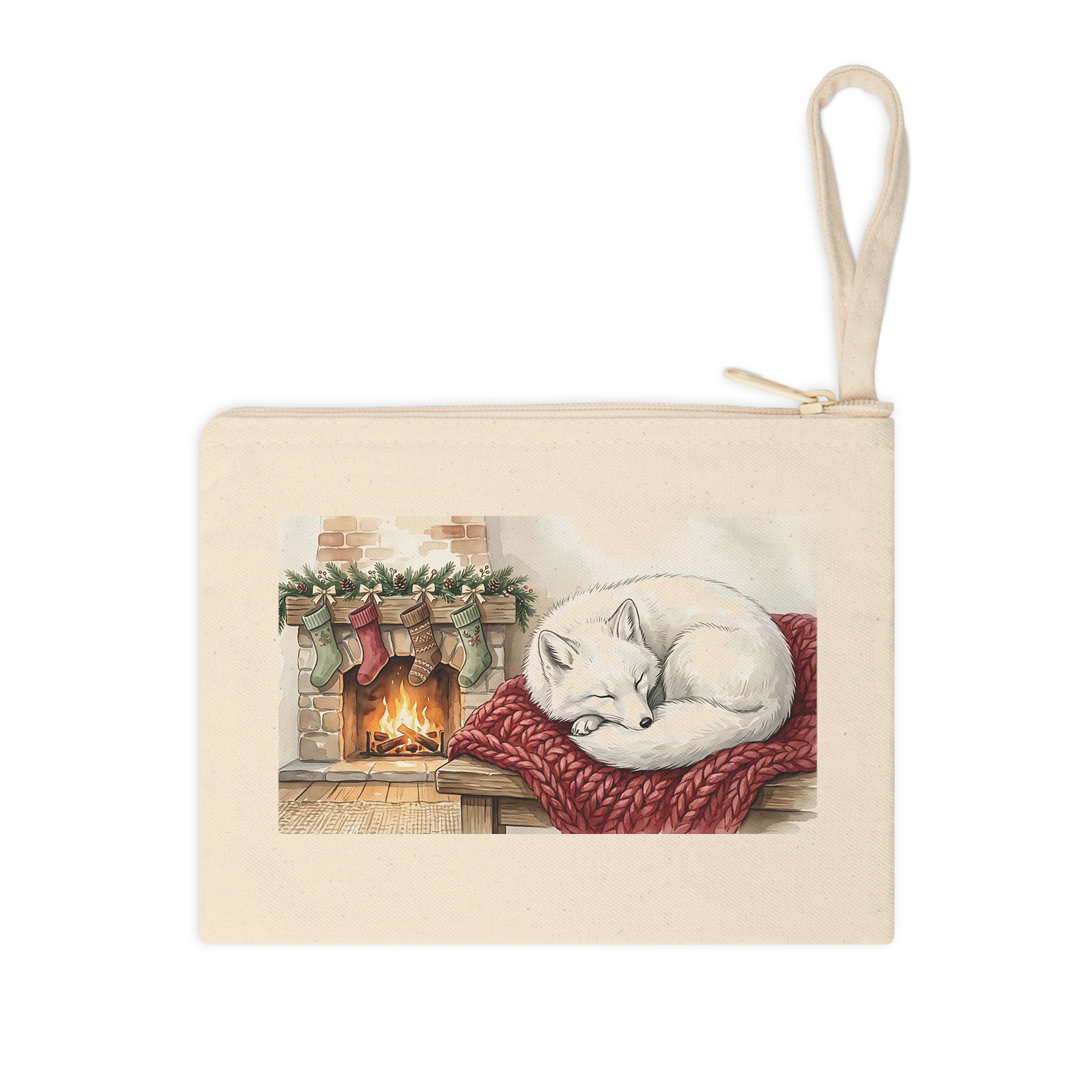 Arctic Fox Christmas Zipper Pouch, Fireside Nap Watercolor Winter Makeup Bag - Image 3