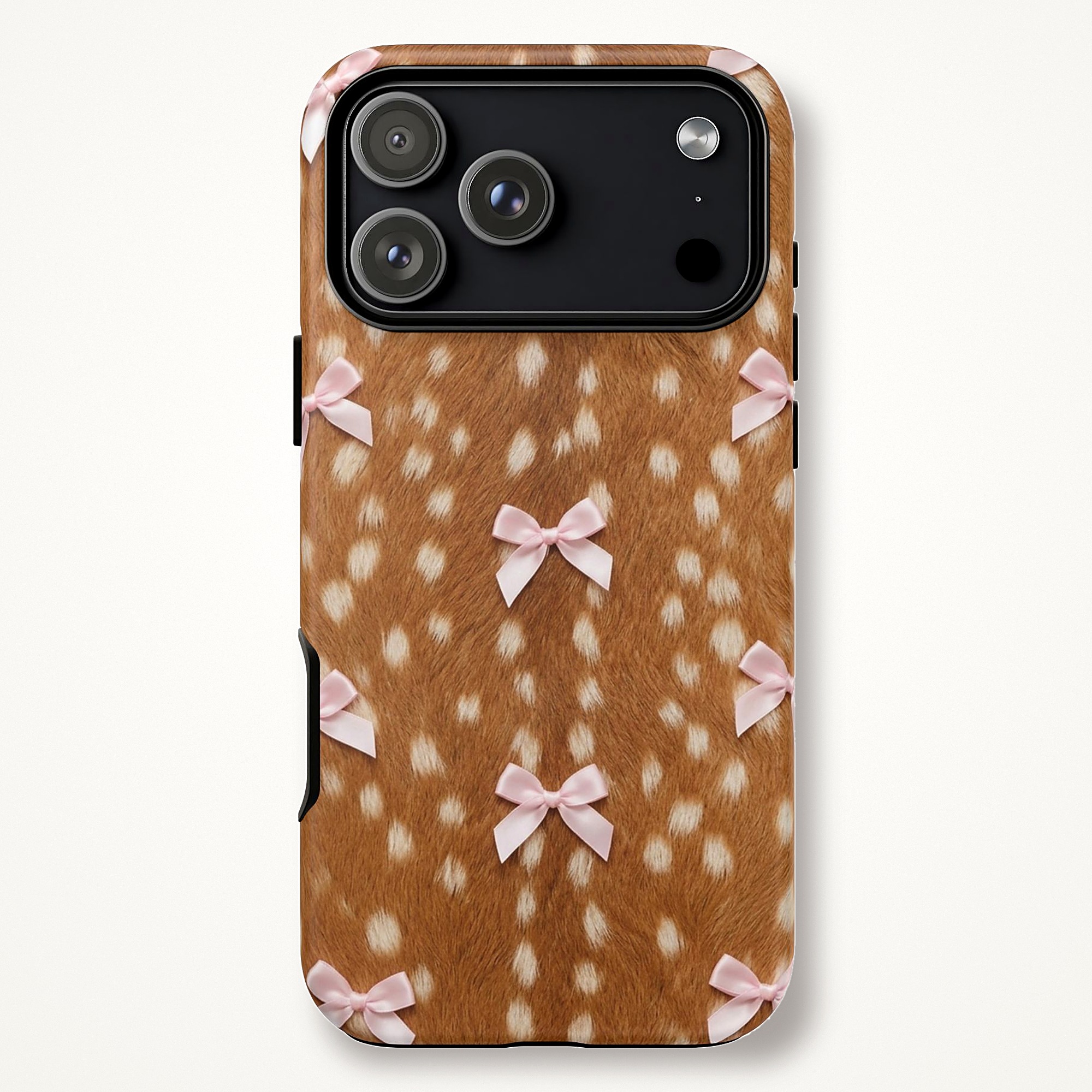 Fawn Print Phone Case with Pink Bows, Coquette Deer Spots Tough Case for iPhone - Image 2