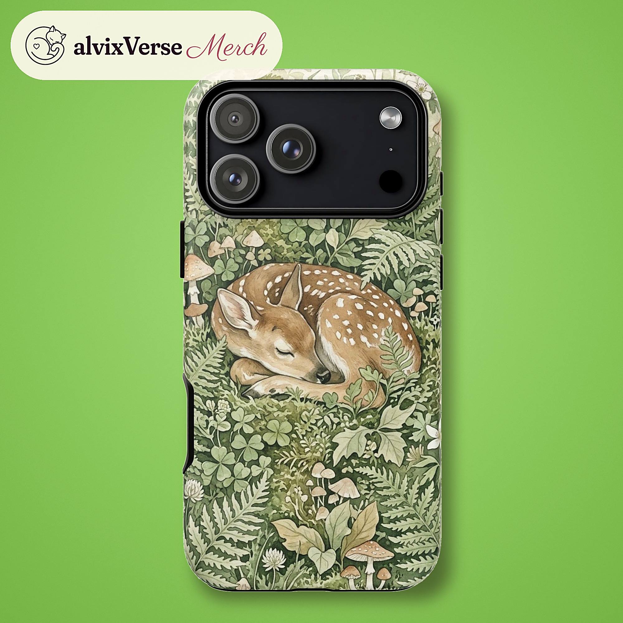 Sleeping Fawn Phone Case, Fern Forest Watercolor Tough Case for iPhone - Image 5